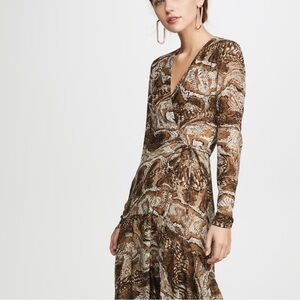 Ganni Mesh Wrap around Brown Patterned Dress